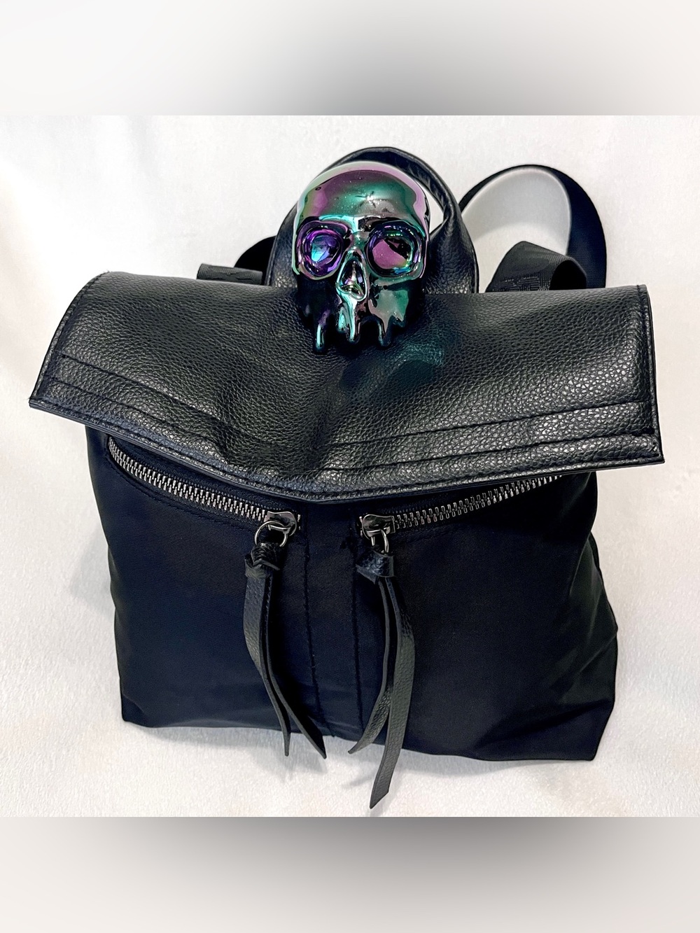 Botkier New York Black Nylon Foldover Trigger Mini Backpack Logo Webbing Straps